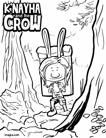 Coloring page of K'Nayha hiking between tall trees with a backpack, titled K'Nayha and the Crow.
