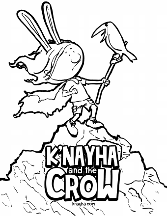 Coloring page of K'Nayha on a mountain peak holding a staff with a crow, titled K'Nayha and the Crow.